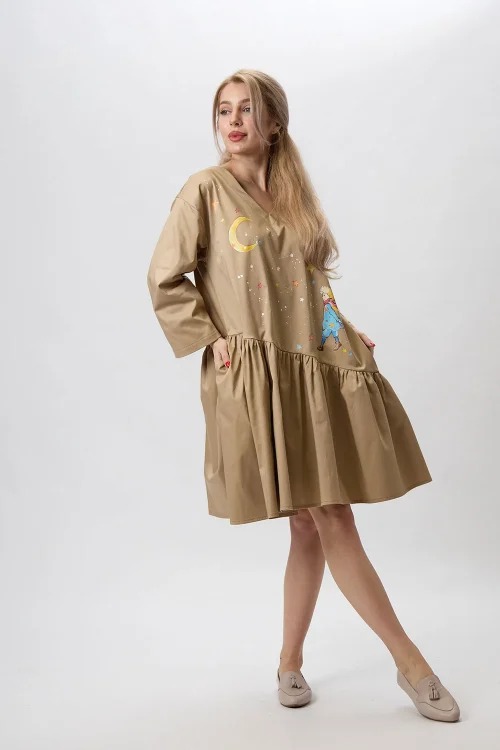 Alternative view of Hand-painted beige dress asymmetrical ruffle “Storia”