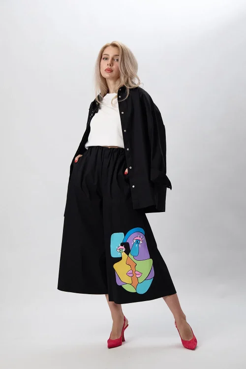 Alternative view of Hand-painted black wide leg pants “Aurore”