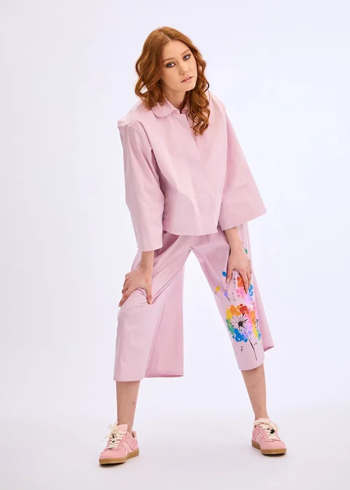 Alternative view of Pink wide-leg pants hand-painted dandelion “Puff”
